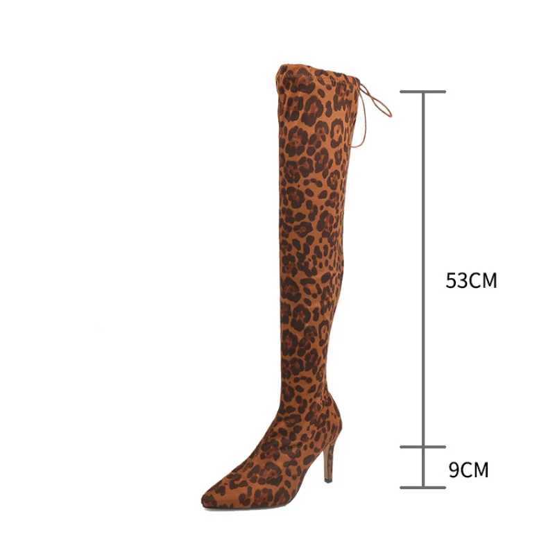 High Quality Womens Fi leopard print knee high boots autumn and winter high boots Pointed Toe Streh fabric womens high H Bottes women T241206
