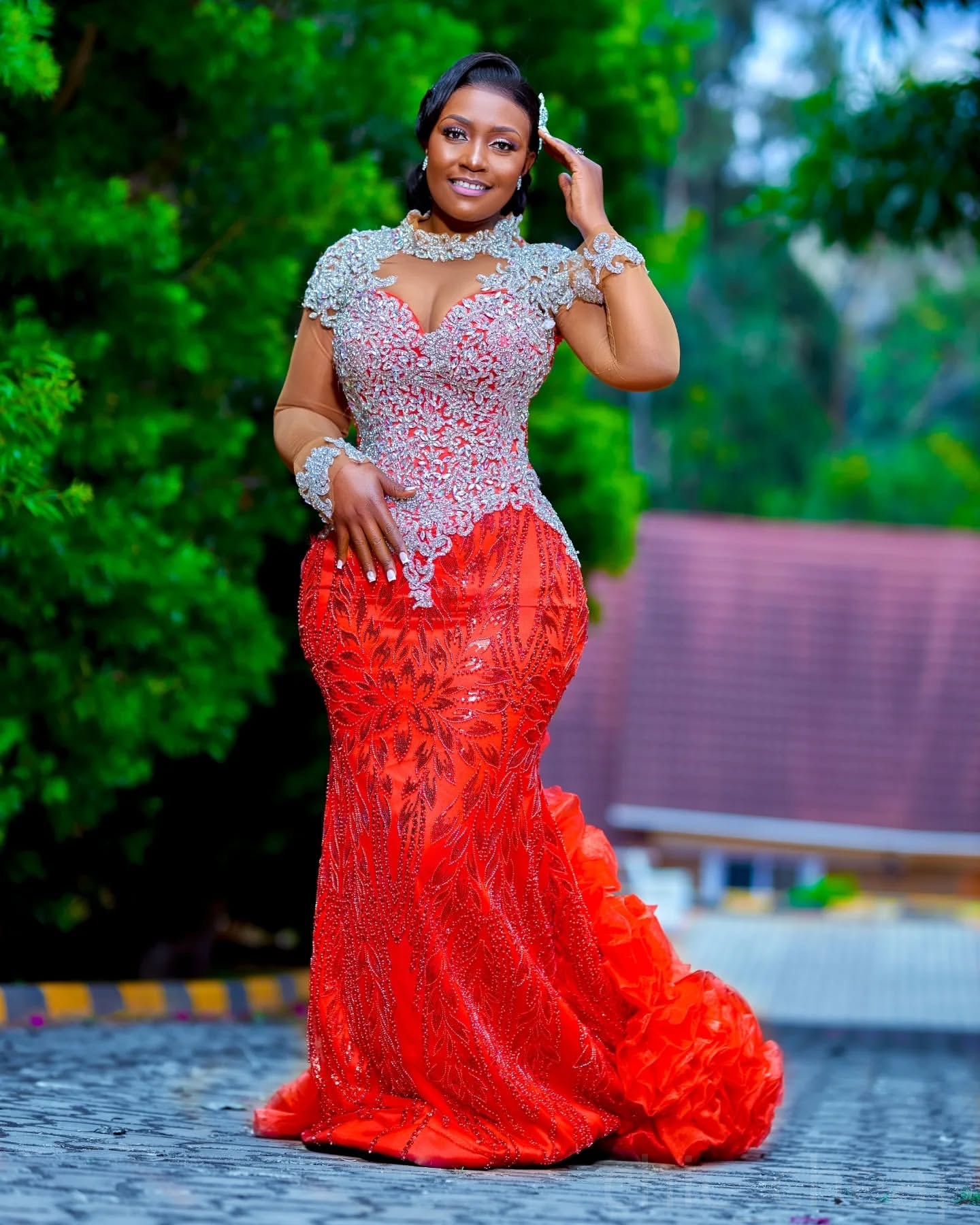 Red Mermaid Prom Dresses 2025 Lace Rhinestones Full Sleeves Luxurious Evening Formal Party Second Birthday Engagement Gowns Plus Size Dress For Specia