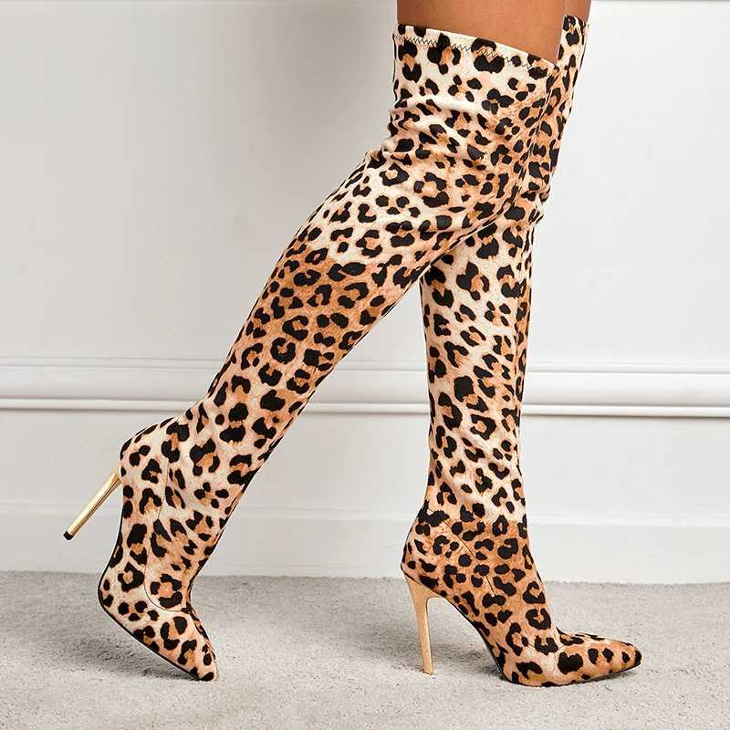 High Quality Wens Lg Boots Fiable Slim H and Leopard Print Sexy Niglub Style e Kick Elastic Plus Size Wens Boots T241206