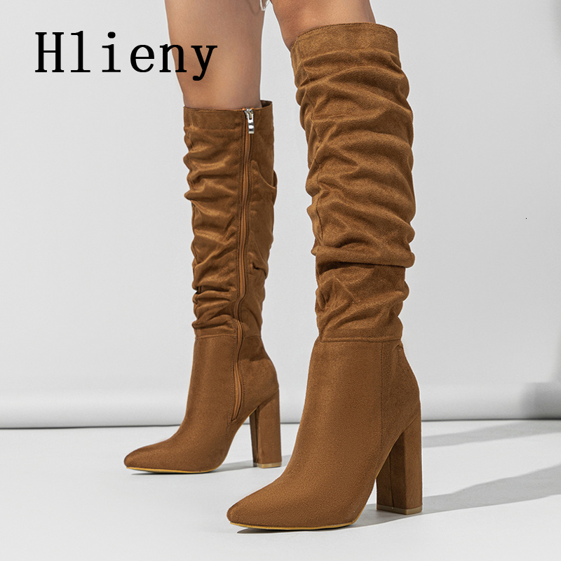 Hlieny Fashion Black Red Women Knee Boots Sexy Pointed Toe Square High Heels Ladies Long Zipper Female Shoes Size 35-42