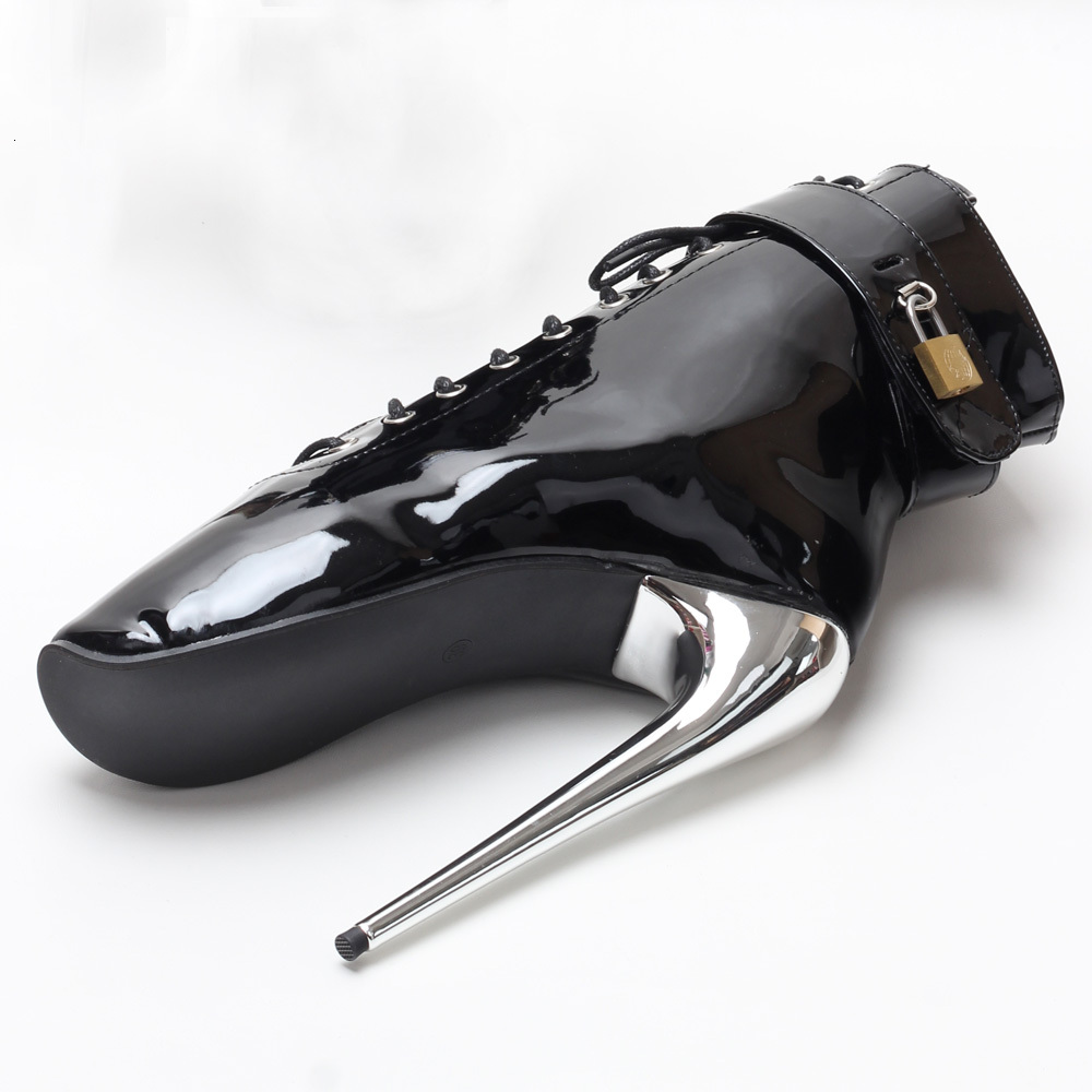 7Inch Stiletto High Heel Lock Wrap Strap Ankle Length Fetish Ballet Boots