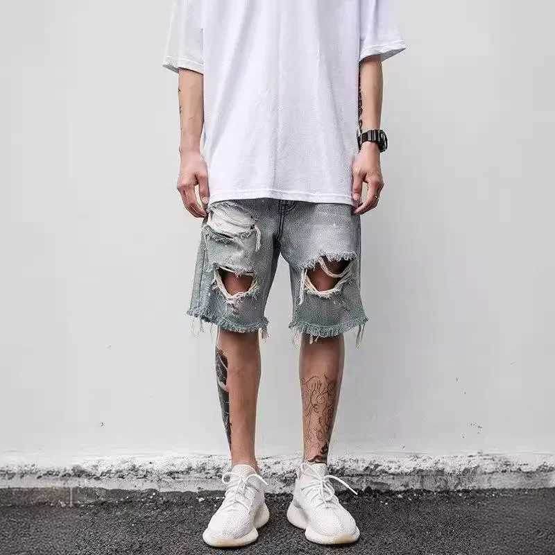 American Style Denim Shorts For Men Trendy Loose-Fit Summer Thin Section Fringe Damaged Design Sensibility Niche Brand Mid-LengtXJ241206