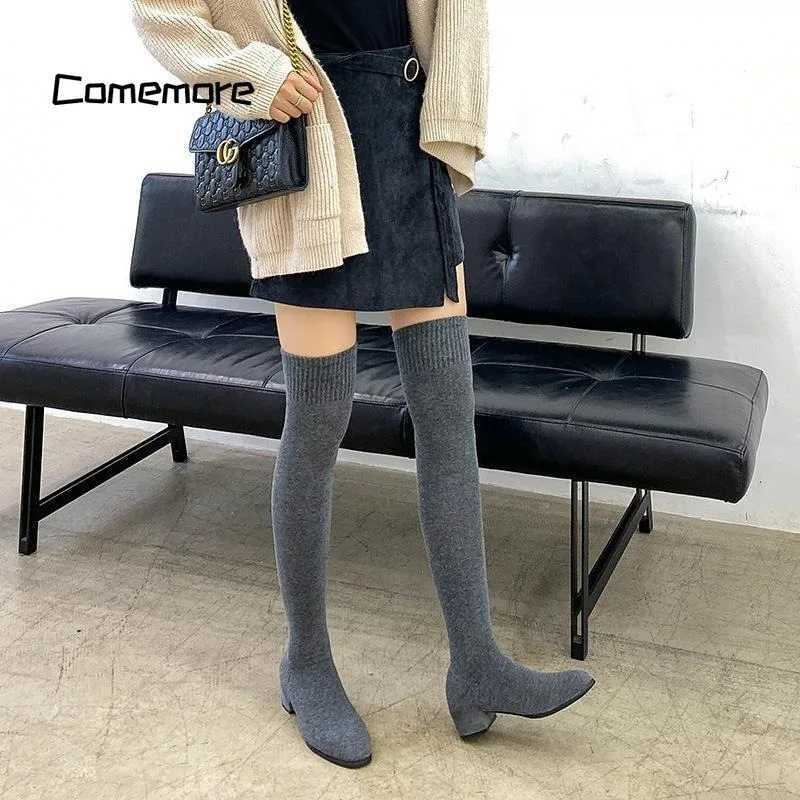 High Quality Cemore Wens Spring Autumn Lg Over Knee Boots Womens Elastic Square Low H Wide Stripe Shoes Sexual Knee High Socks Boots T241206