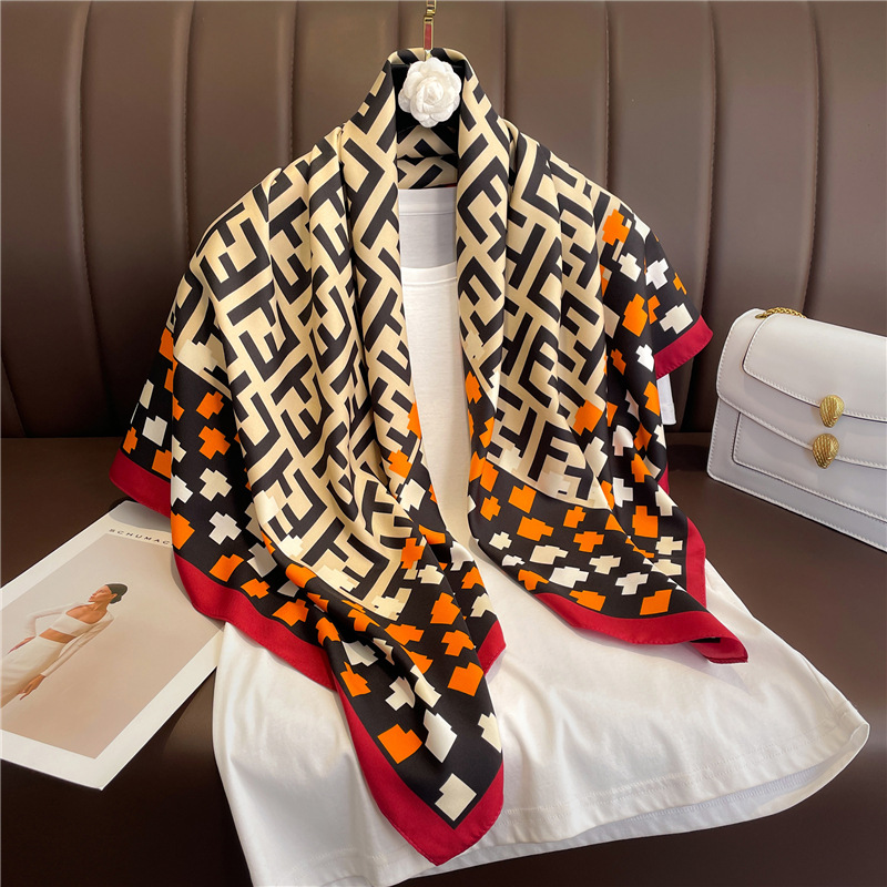 90x90cm Luxury Fashion Print Geometry imitate Silk Scarf Headband for Women Girls Fashion Long Handle Bag Scarves Paris Shoulder Tote Luggage Ribbon Head Wraps FN93
