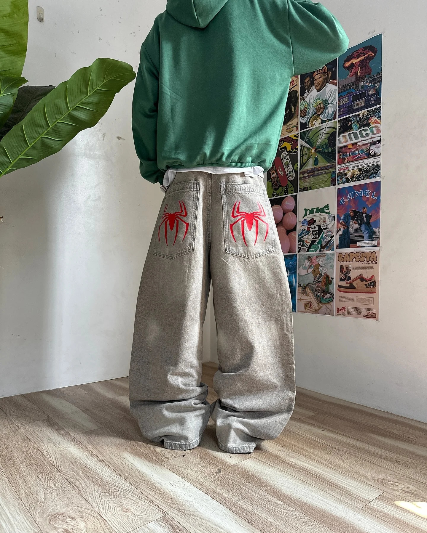 Harajuku Gothic Punk Spider Print Baggy Jeans Vintage Blue Hip Hop Streetwear Jeans Y2K Pants Mens High Waist Wide Leg Trousers 241206