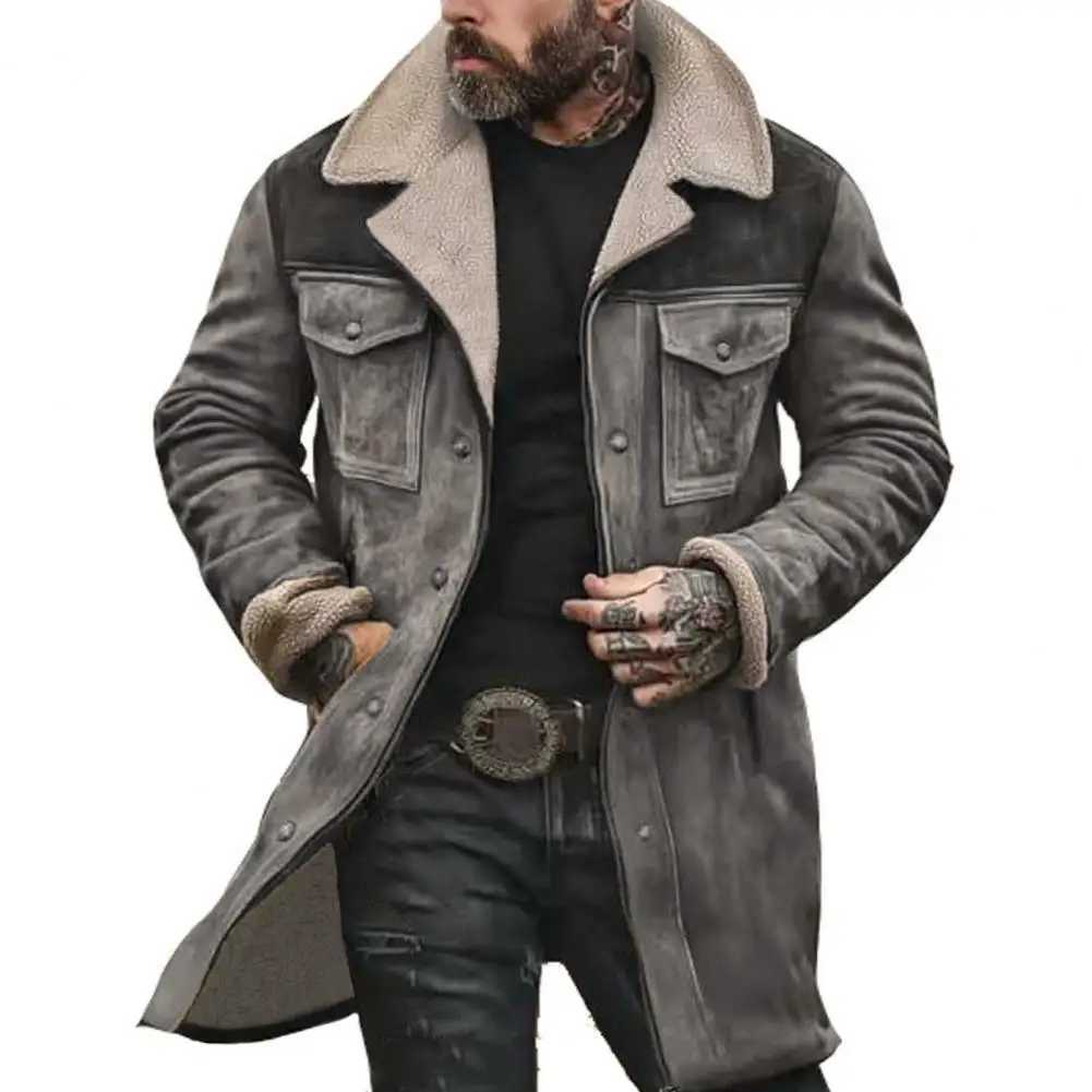 2024 Fashion Men Jacket Large Plush Lapel Long Sleeve Vintage Suede Jacket with Pockets Zipper Up Mid-length Motorcycle CoatXJ241206