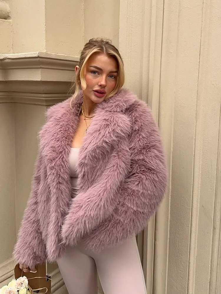 Chic Pink Lapel Furry Faux Fur Coat For Women Casual Warm Comting Long Sve Jackets Winter New Fe High Street OuterwearXJ241206