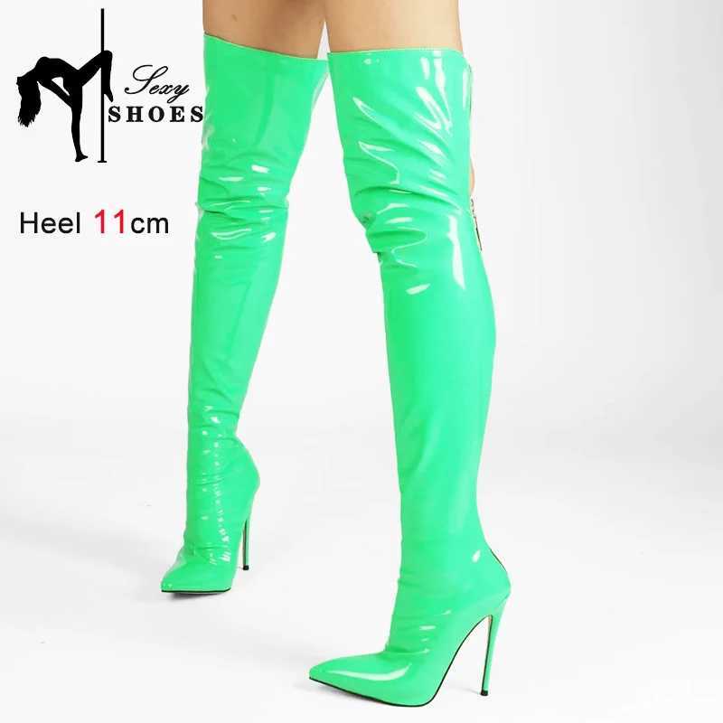High Quality Womens shiny PU striped boots 11CM super knee boots spring/summer new item Pointed Toe back zipper womens Lg boots T241206