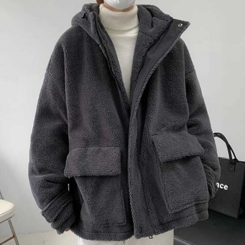 2023 Men Winter Lamb Wool Jacket Men Plus Velvet Streetwear Fashion Loose Handsome Coat Unisex HipHop Hooded Plush Padded JacketXJ241206