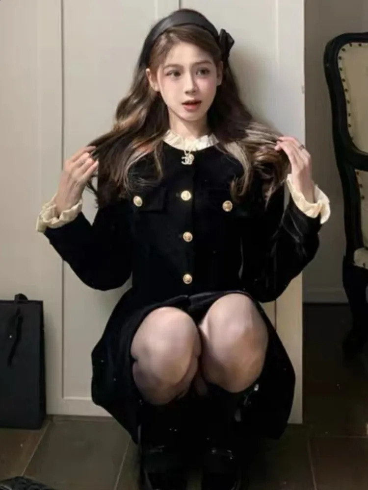 Korean Black Velvet Womens Single Chest Long Sleeve Party Evening Dress Autumn Y2K Fashion A-line Vestido Mujer 241206