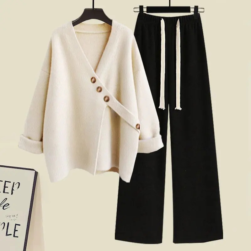 2024 AutumnWinter Korean Elegant Matching Set Womens Fashion Irregular Knitted SweaterWide Leg Pants 2piece Clothing 241206