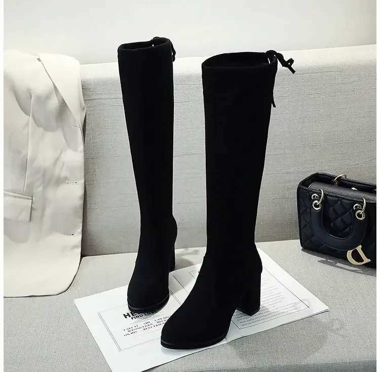 High Quality Artificial suede Fem autumn zipper elastic knee high boots used for lace high Gigh boots black Botas Mujer 92 T241206