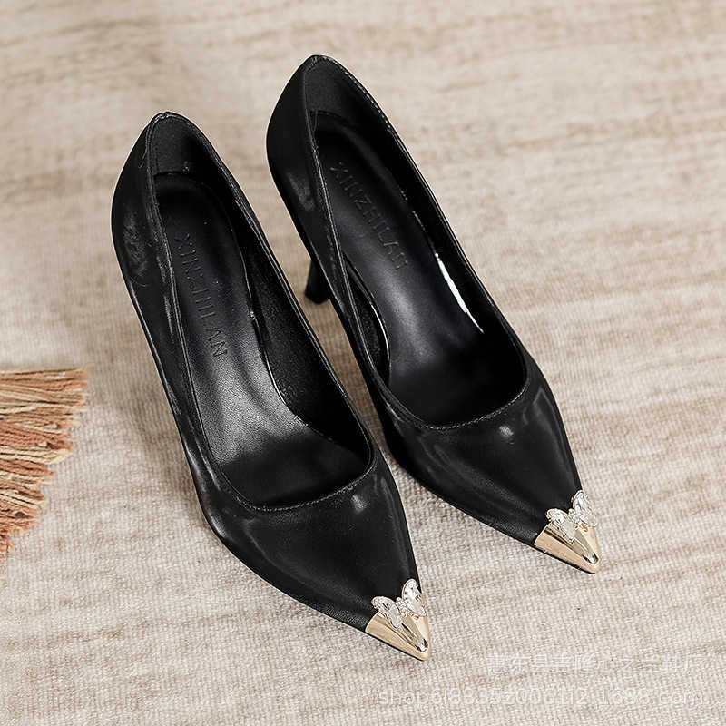Metal anti kick pointed high heels thin heels PU wear resistant womens shoes crystal butterfly decoration rubber apricot sole