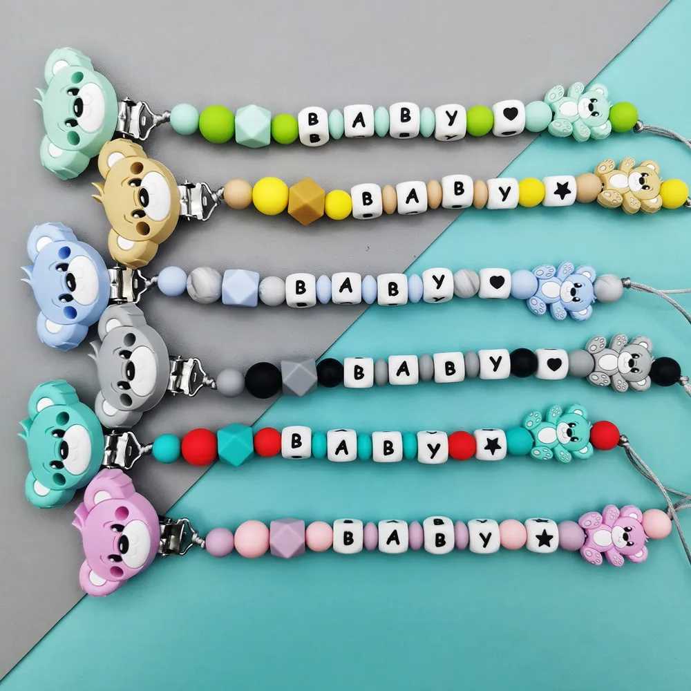 Pacifier Holders Clips# Custom English Russian Silicone Letter Name Baby Bear Silicone Beads Pendant Pacifier Clips Chains Teether Baby Kawaii Toy Gif