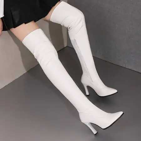 High Quality Sexy thick high heels Wenfei black knee high high heels fetish shoes PU leather corner high heels Lg ultra-thin shoes T241206