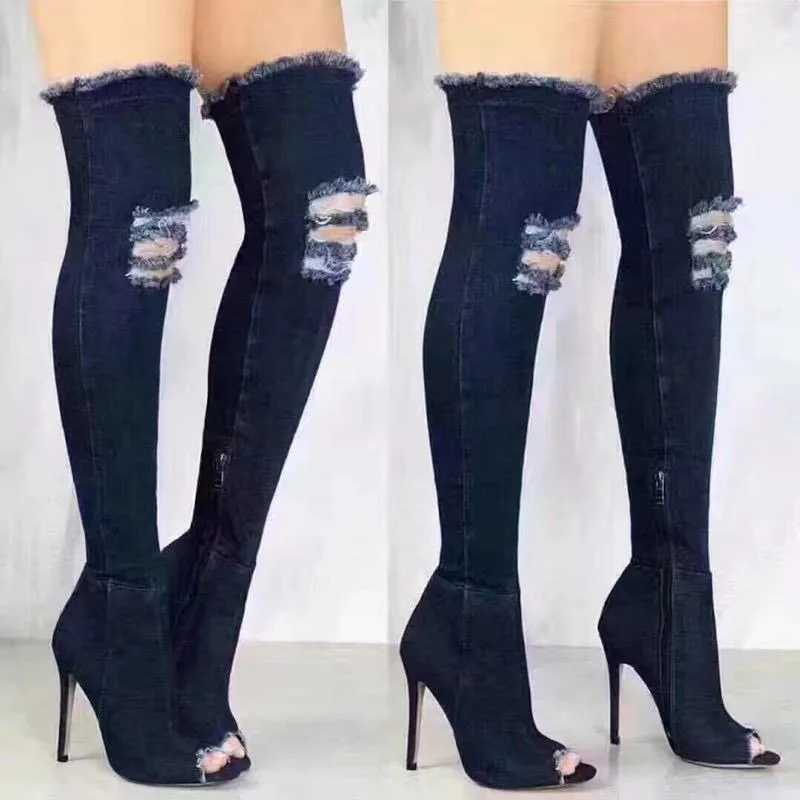 High Quality Warm high H boots with hollow corner heels denim gladiator boots Lg high heels womens shoes T241206