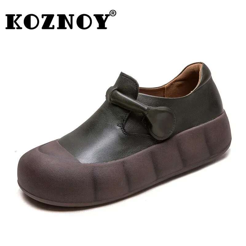 Koznoy 4cm Cow Natural New Genuine Leather Designer Fashion Hook Rubber Mary Jane Summer Fall Autumn Flats Women Loafer Shoes