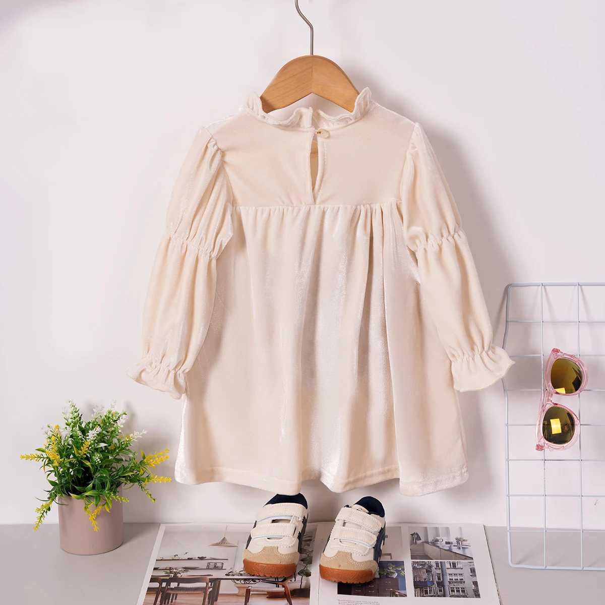 Autumn Young Girls Long Sleeve Dress 2024 New Solid Colour Velour Dress Sweet and Cute for Daily or Going Out WearXJ241206