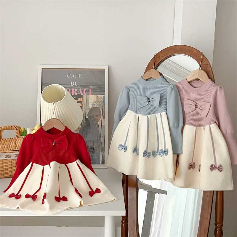 Girls Sweater Dress Childrens Autumn Winter Knitted Gown New Bow Sweet Princess Vestidos Kids Fashion Warm Cotton ClothingXJ241206