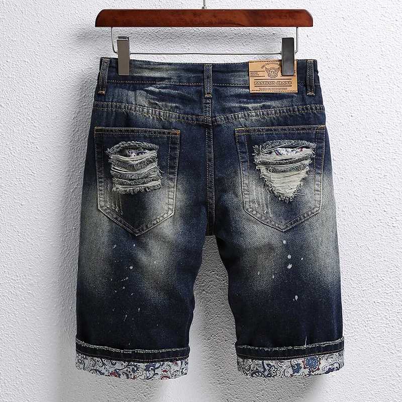 Summer Mens Knee-length Ripped Denim Shorts Hip-hop High Street Slim Straight Short Jeans Male Retro Fashion Casual ShortsXJ241206