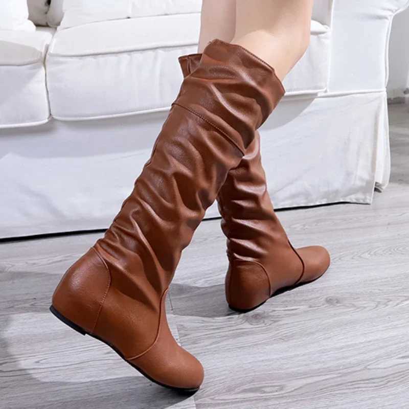 High Quality Autumn New Warm Thick High Heels Fi Plus Size Concave Toe Wrinkle Flat Knee High Knight Boots T241206