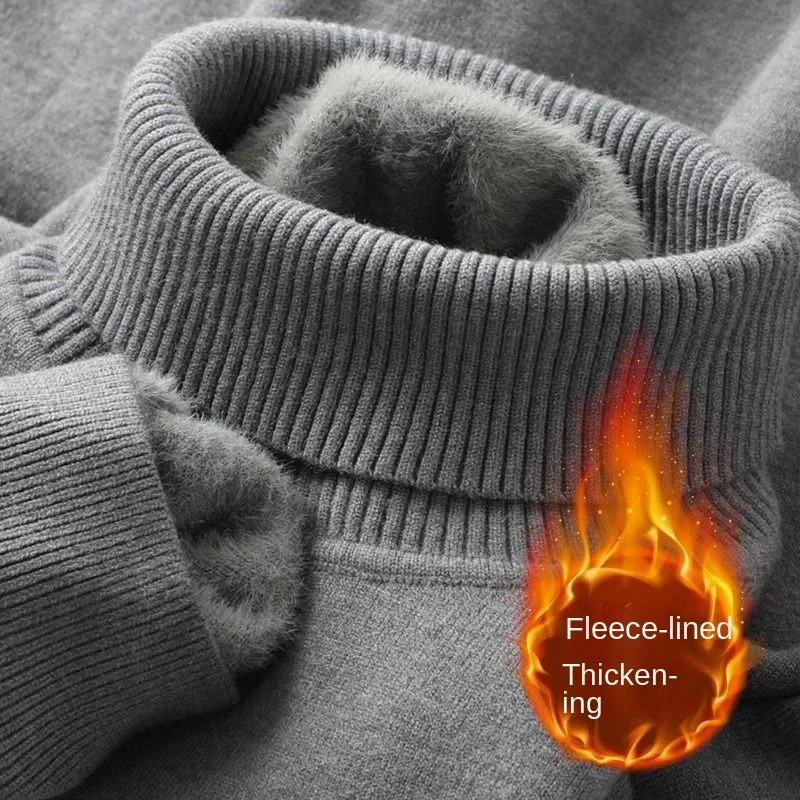 Autumn Winter Mens Turtleneck Sweater Knitted Velvet Warm Long Sleeve Pullover Outdoor Cold-proof Casual Blouse Base Sweater 241206