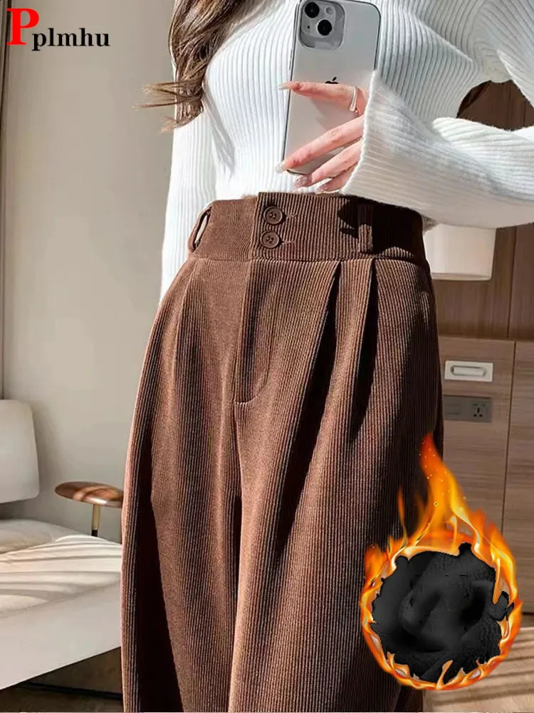 High waisted Plus velvet wide leg casual winter warm straight pants Korean fashion thick oversized 4xl sports pants 241202