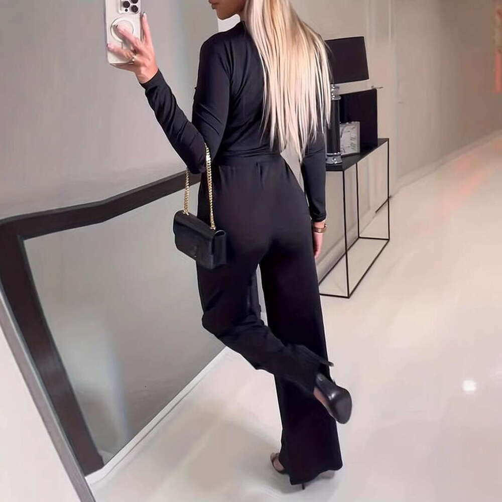 popular elegant solid color V-neck jumpsuit 2024 new casual fashion trend clothing