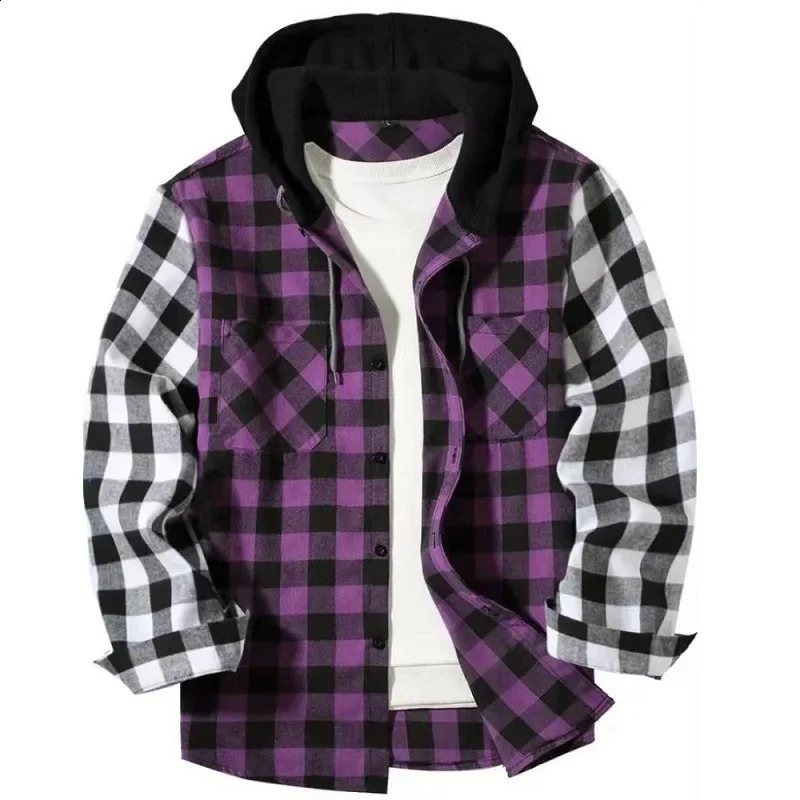 Mens hoodie plain weave patchwork color casual button long sleeved double pocket shirt hoodie flannel jacket spring and autumn top 241205