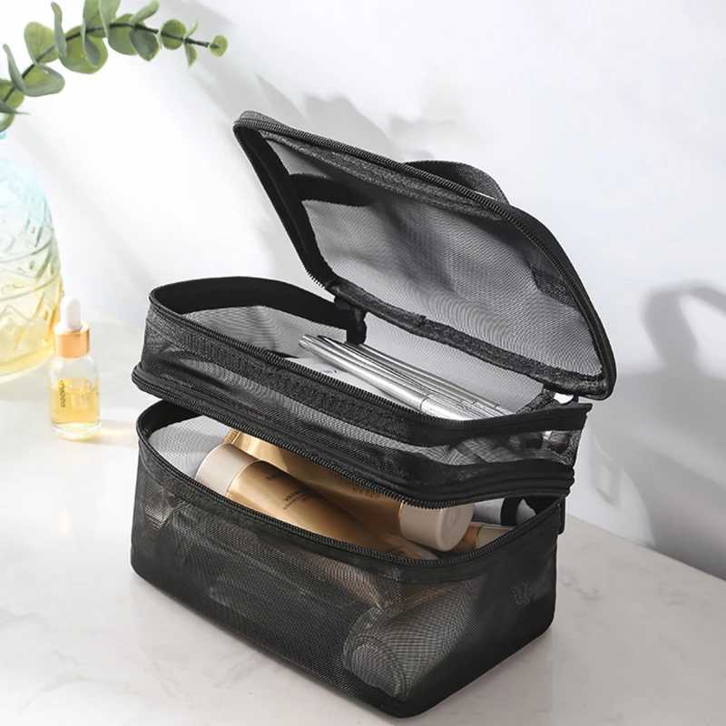 Travel 2 Layers Cosmetic Organizer Bag Transparent Folding Mesh Zipper Storage Pouch Large Capacity Makeup W Kit Bag 2024XJ241206