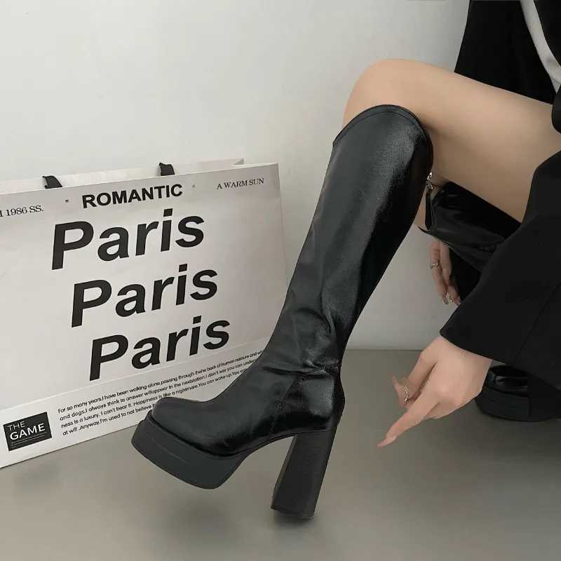 High Quality Platform Womens High Heels Elegant Knee High Heels Text Back Square Zipper Thick High Heels Fem T241206
