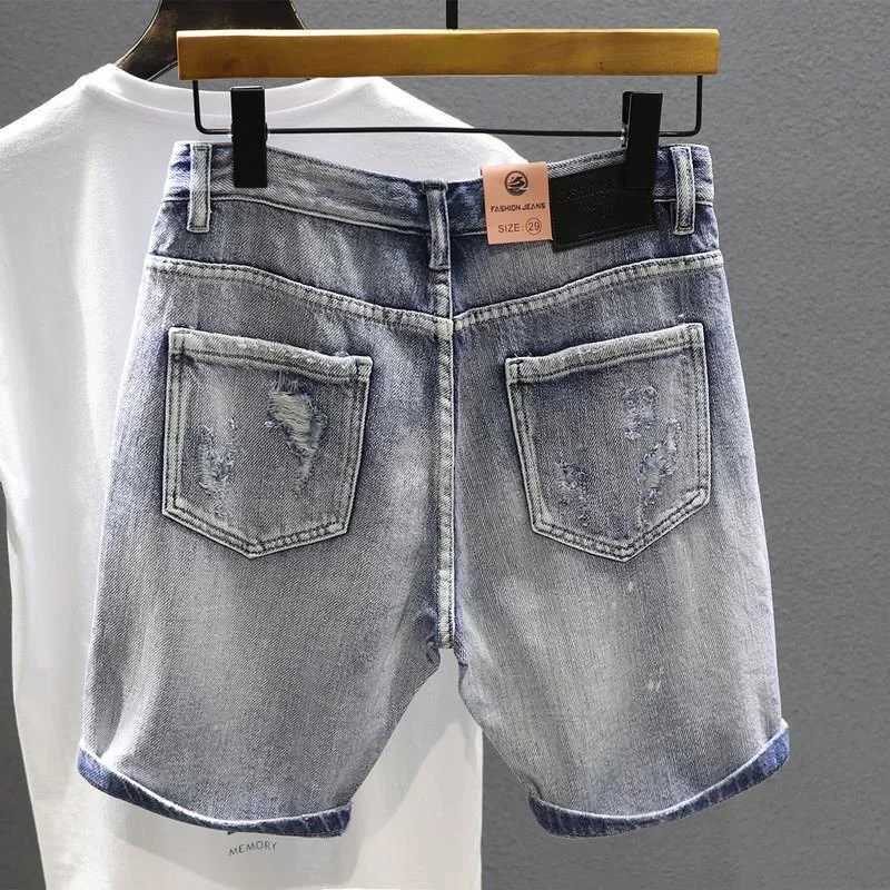 Man Denim Shorts Ripped Short Jeans Pants For Men With Pockets Blue Stretchable Wih Zipper Original Xl Summer Trend Unique RudeXJ241206