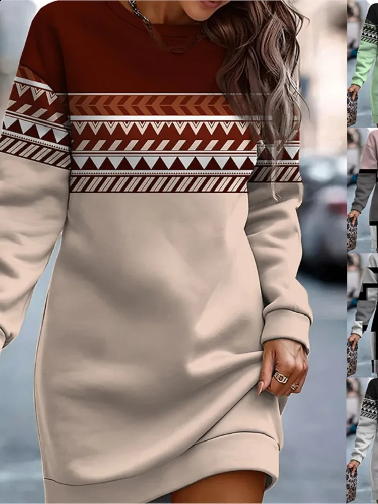 Autumn Winter Sweatshirt Dresses For Women 2023 Fashion Print O Neck Long Sleeve Casual Loose Dress Woman Sweatshirts Robe 241205