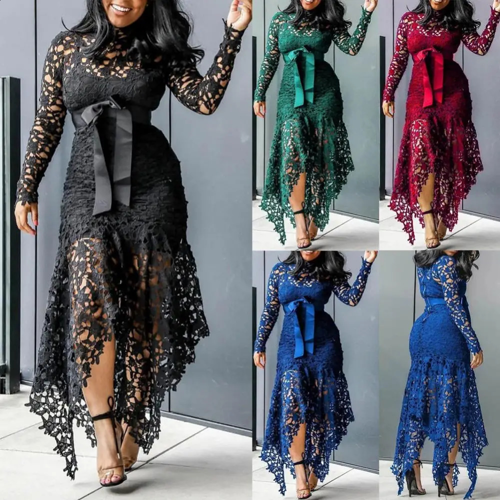 Lace Bow Belted Women Dress Elegant Long Sleeve Irregular Hem Bodycon Party Vintage Wedding Evening 241205