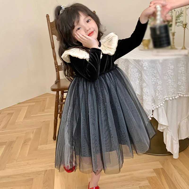 1-7T Spring Autumn Girl Long Sleeve Casual Dress Korean Sle Velvet Splicing Doll Collar Kids Princess Mesh Par DressesXJ241206