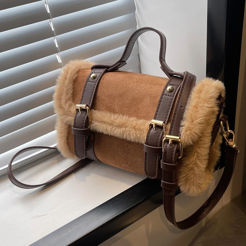 Winter Faux Fur Shoulder Bag Women PU Leather Small Tote Bag Plush Top Handle Furry Handbag Purse Clutch Crossbody Bag for Women 241228