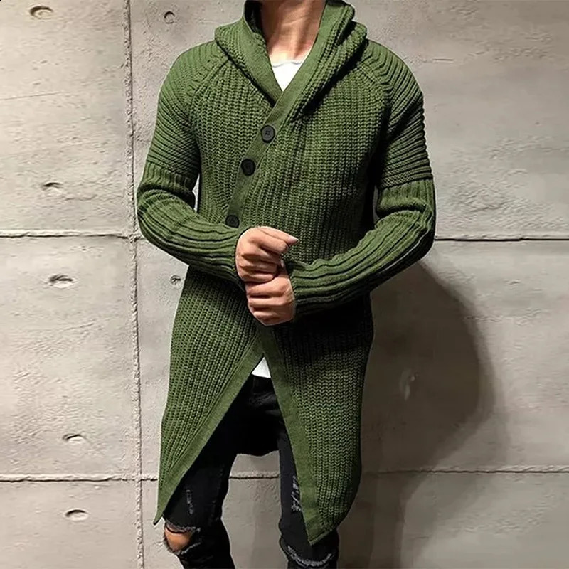 Casual Men Knitted Cardigan Fashion Long Sweaters Males Solid Sleeve Slim Outwear Autumn Winter Warm Hooded Coat Knitwear 241205Z