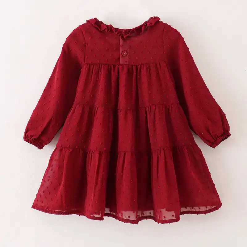 Girlymax Fall Baby Girls Kids Children Clothes Dark Red Swiss Dot Dress Knee Length Tutu Skirt Long SleeveXJ241206