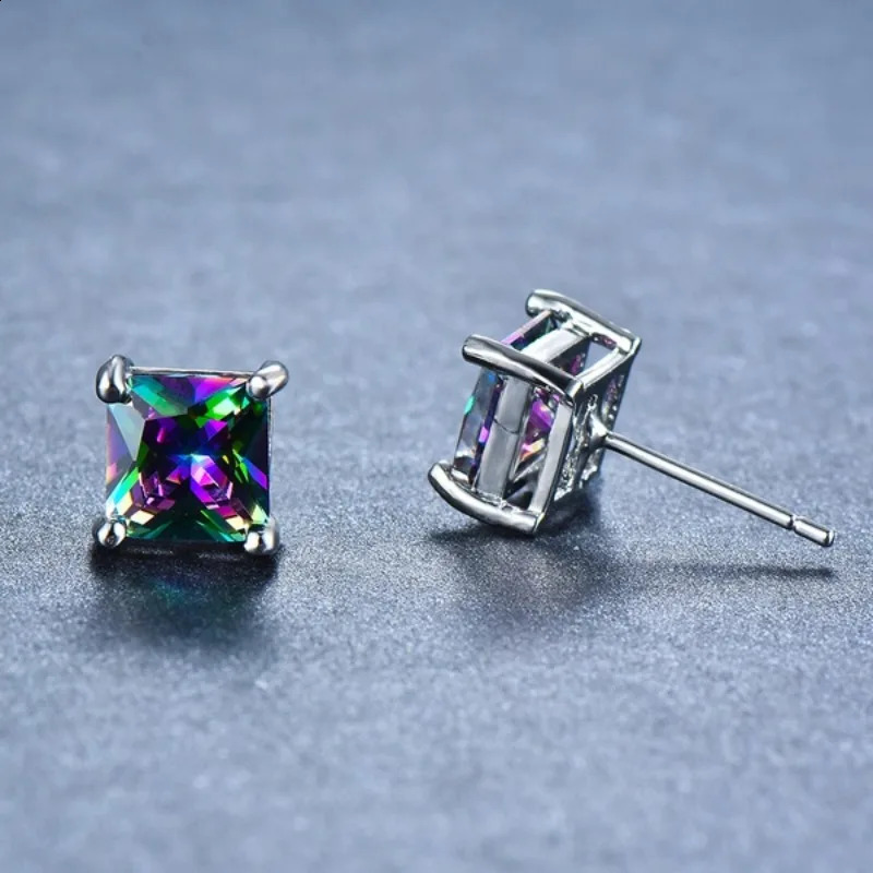 Minimalism 5/6/8MM Rainbow CZ Stone Sqaure Stud Earrings for Women Dainty Silver Color Stackable Ear Bone Studs Girls Jewelry 241205
