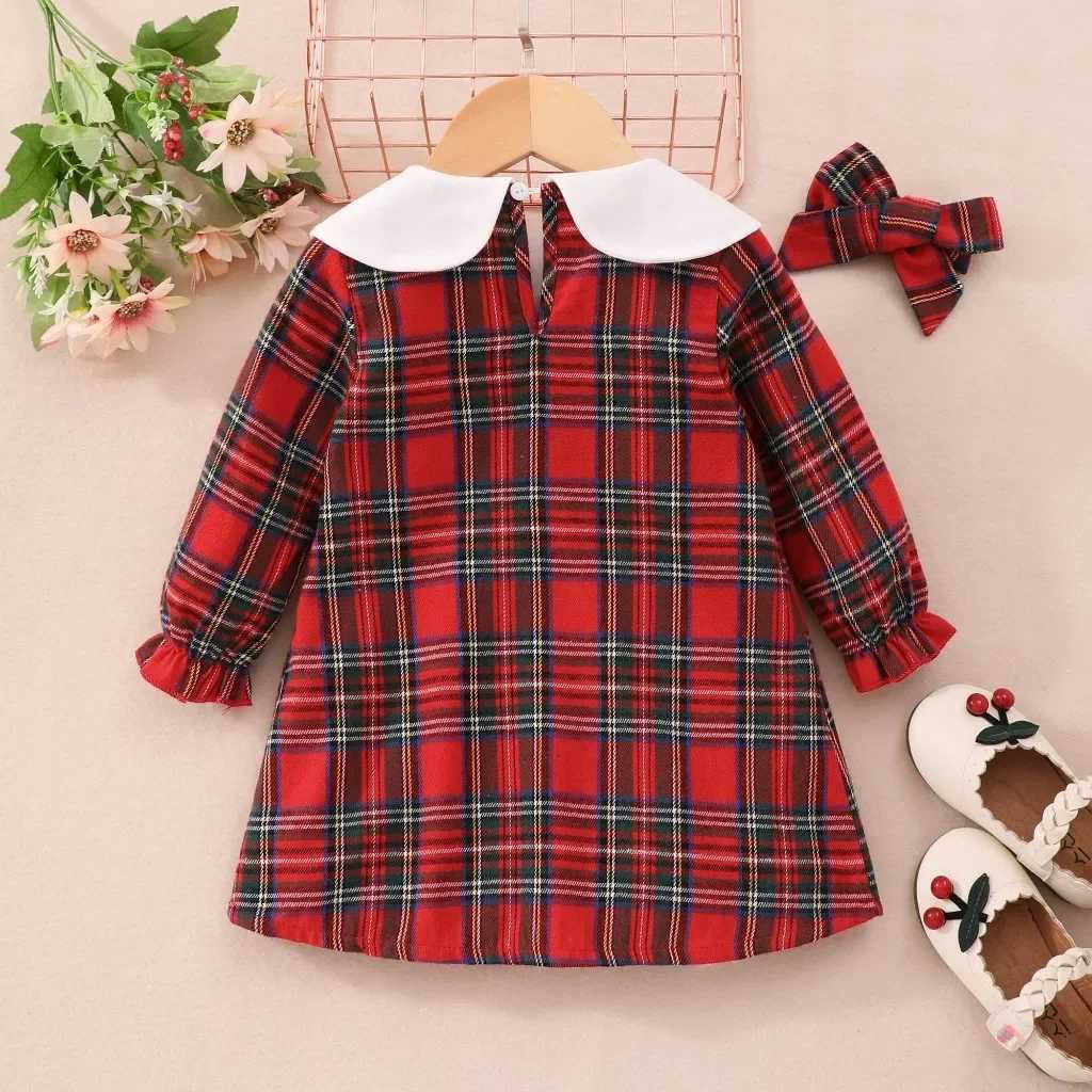 2024 Pret Dress for Baby Girl with Long Sleeve in Red Plaid for Cute Birthday Par Princess Kids 1 To 5 Years Old Clothes SetXJ241206