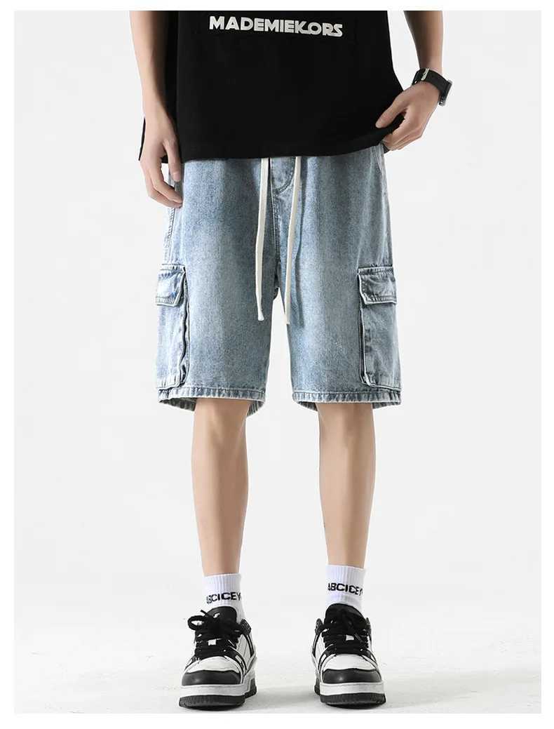 American Style Multi-Pocket Workwear Denim Shorts Mens Elasticated Drawstring Waist Loose Straight Leg Five PantsXJ241206