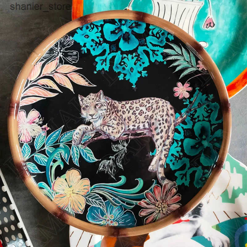 Dishes Plates Creative Ceramic Board Paint Jungle Leopard Fruit Salad Plate Living Room Double Ear Fruit Plate European Kitchen Dining Table L240910