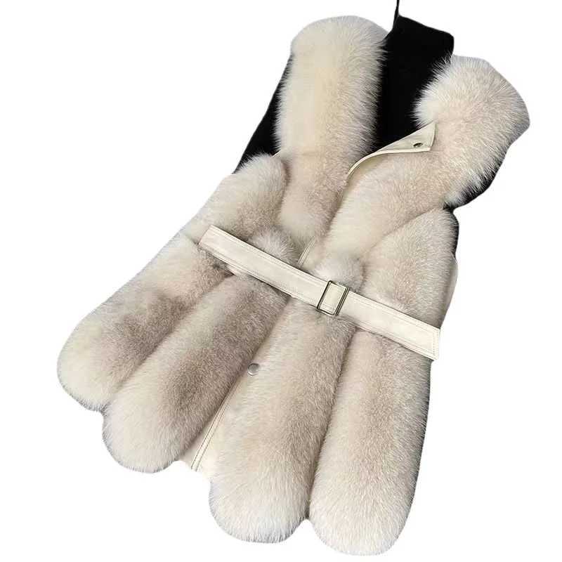 New Imitation Fur Vest With Belt Womens Slim Fit Fashion V-shaped Collar Solid Color Jacket Thickened Sveless Warm TopXJ241206