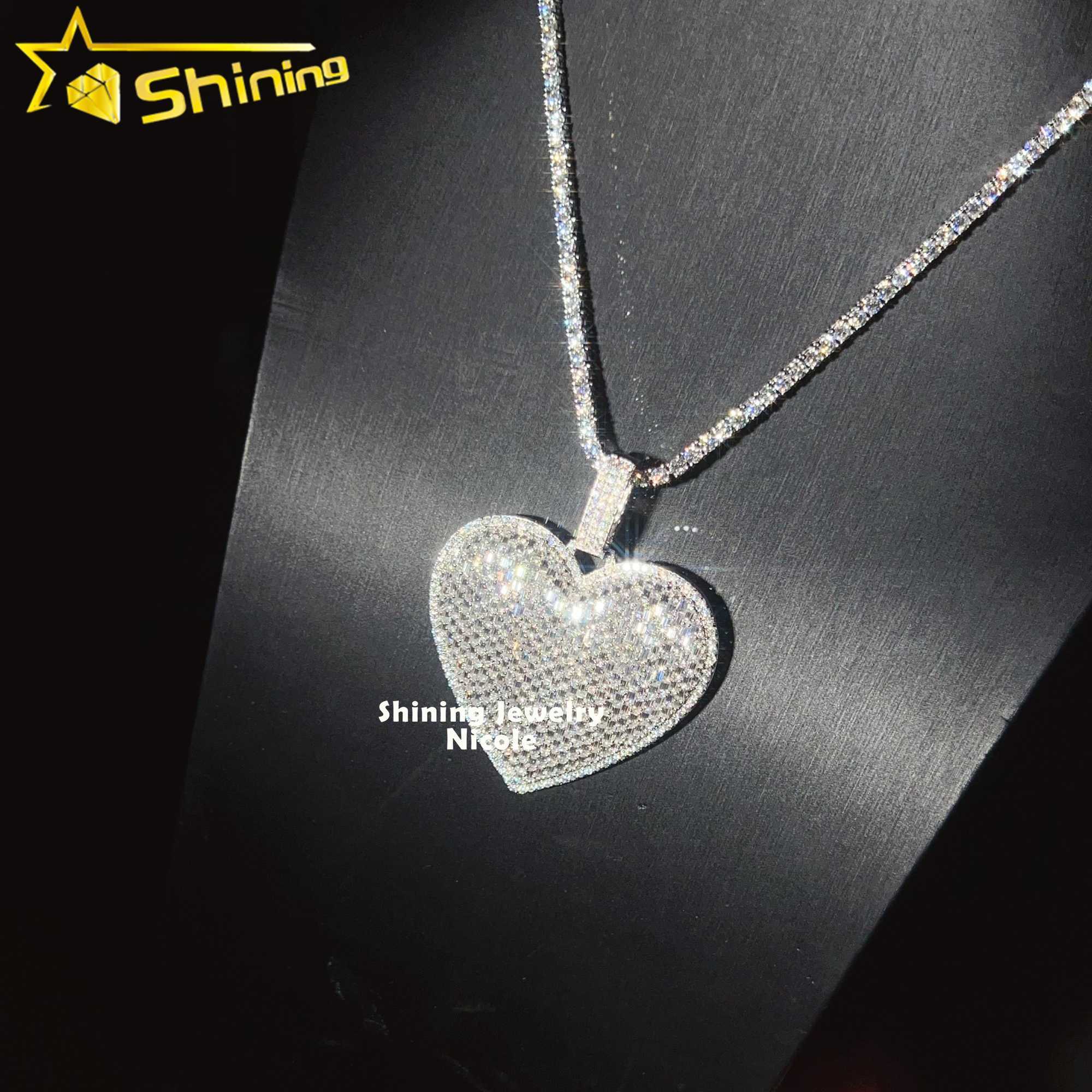Luxury Big Heart Fully Iced Out Baguette Diamond Silver 925 Custom Moissanite Hip Hop Pendant