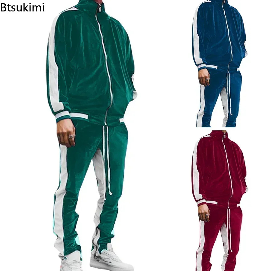 2024 Vintage Velvet Sets Mens Fashion Splice Stand Collar Zipper Tops and Sport Pants Two Piece Set Men Casual Tracksuit Outfit 241205