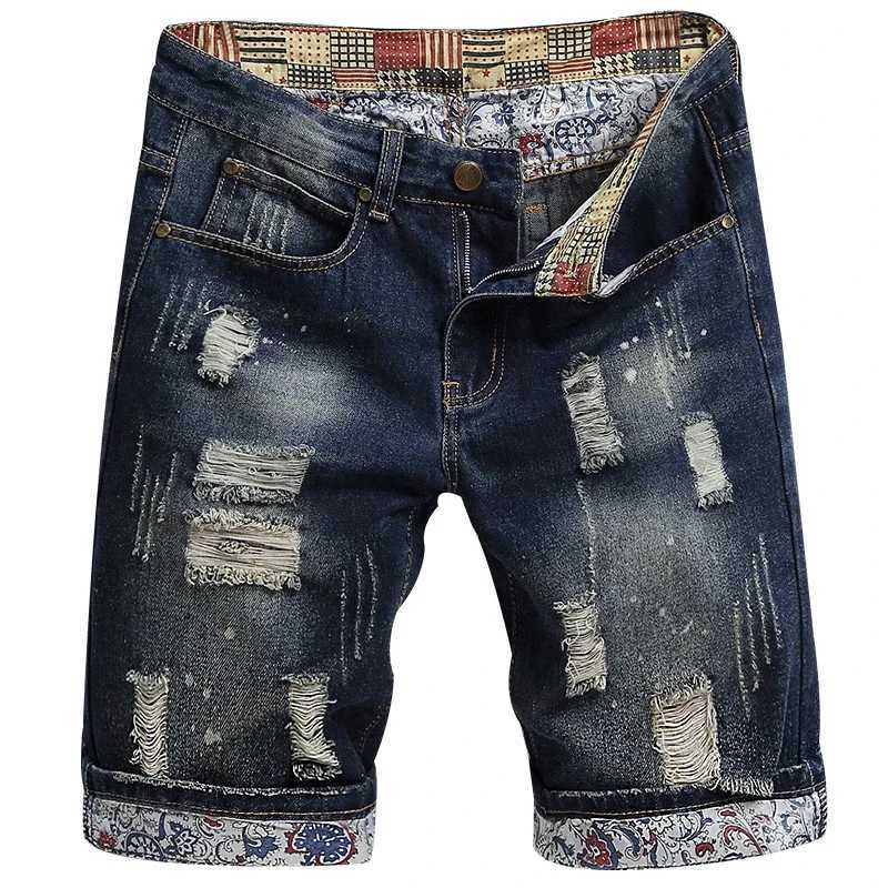 Summer Mens Knee-length Ripped Denim Shorts Hip-hop High Street Slim Straight Short Jeans Male Retro Fashion Casual ShortsXJ241206