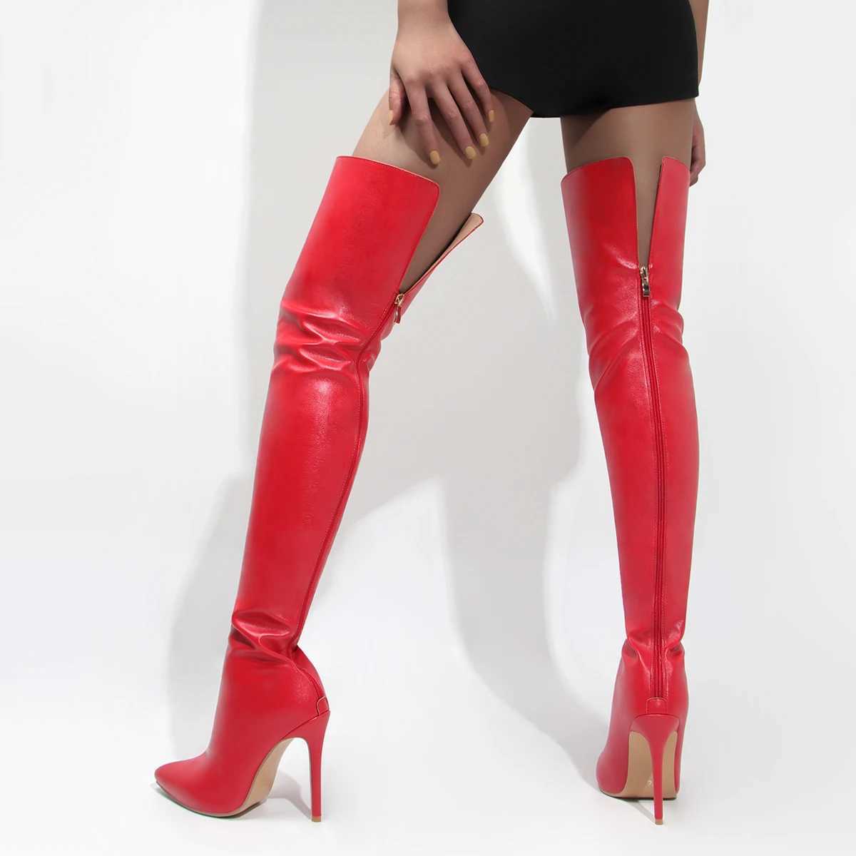 High Quality High H Wen Over The Knee Boots with straps and zippered toe points large size 46 slim high heels womens shoes T241206