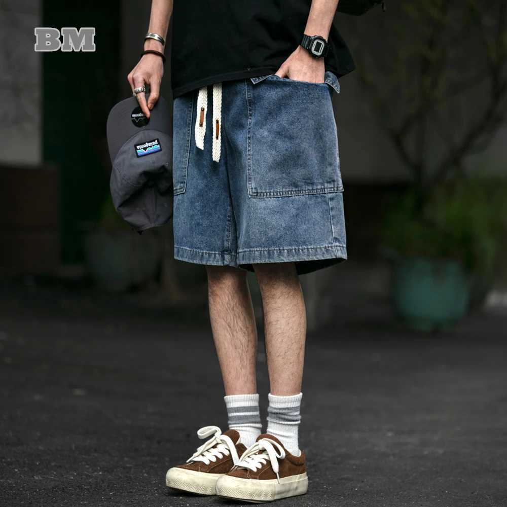 Summer High Quality American Vintage Cargo Denim Shorts For Men Clothing Korean Fashion Blue Shorts Jeans Harajuku Casual PantsXJ241206