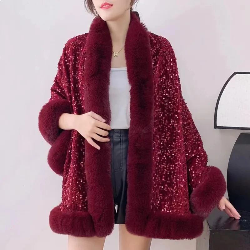 Womens Autumn Winter Fashion Sequined Cape Coat Women With Thicken Shawl Fur Collar Jacket Female Versatile Outerwear 2702 241204