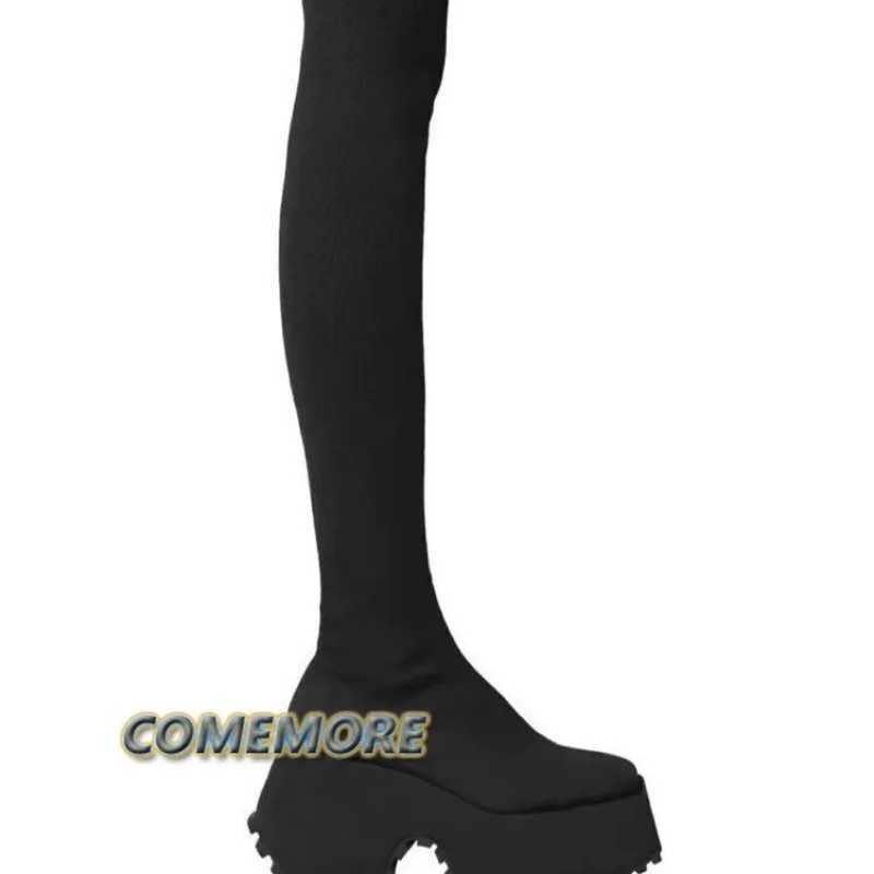 High Quality Leisure New Thick High Heels Warm Knee Socks Boots Mid calf Platform Wedge CK Autumn Winter Boots Fi T241206